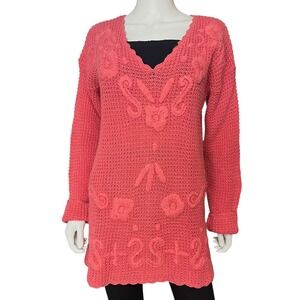 Gantos Boho Crochet Tunic Sweater Floral Whimsical Cottagecore Artisan Knit M